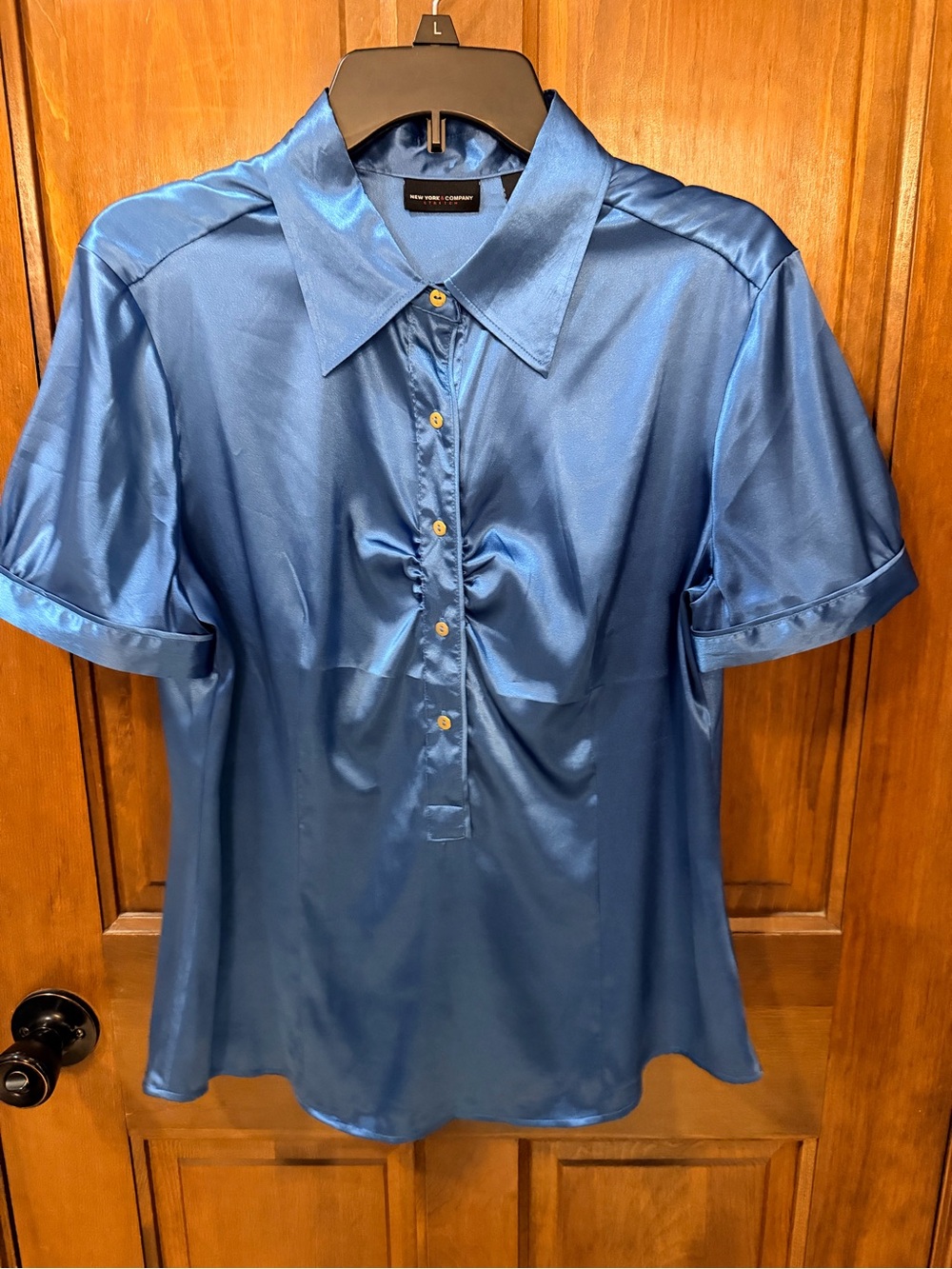 New York & Company Shiny Blue Short-Sleeve Button-Down Shirt